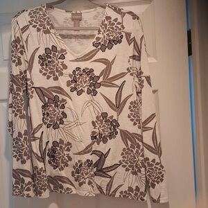 Chico's White Long Sleeve V-Neck Top with Gray Floral Print